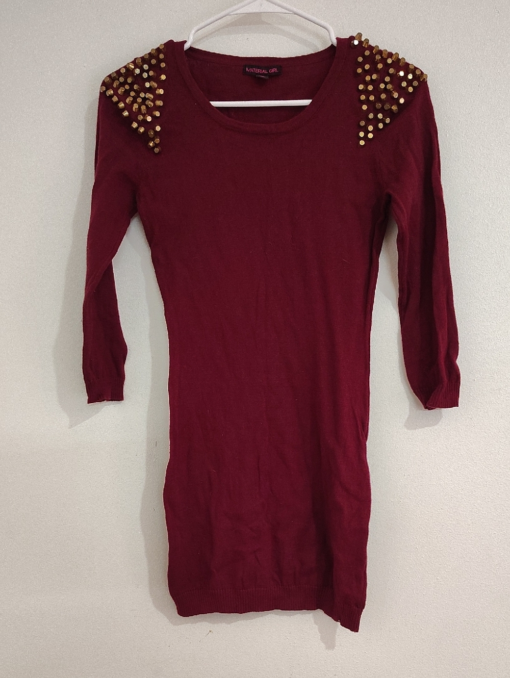 Material Girl Burgundy Mini Dress with Gold Stud Shoulders